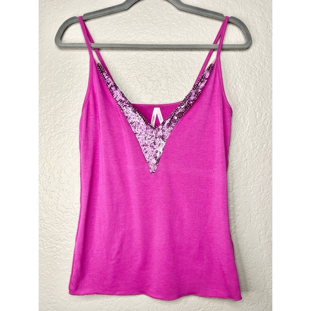 Vintage Y2K Sparkle & Fade Magenta Sequin V-Neck Sexy Tank Top GUC Womens Size M